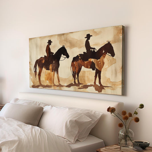 Cowboy Silhouette Canvas Art | Watercolor Wash Print | Bohemian Wall Art For Living Room | Coffee Bean Art | Equestrian Decor Horizontal Art