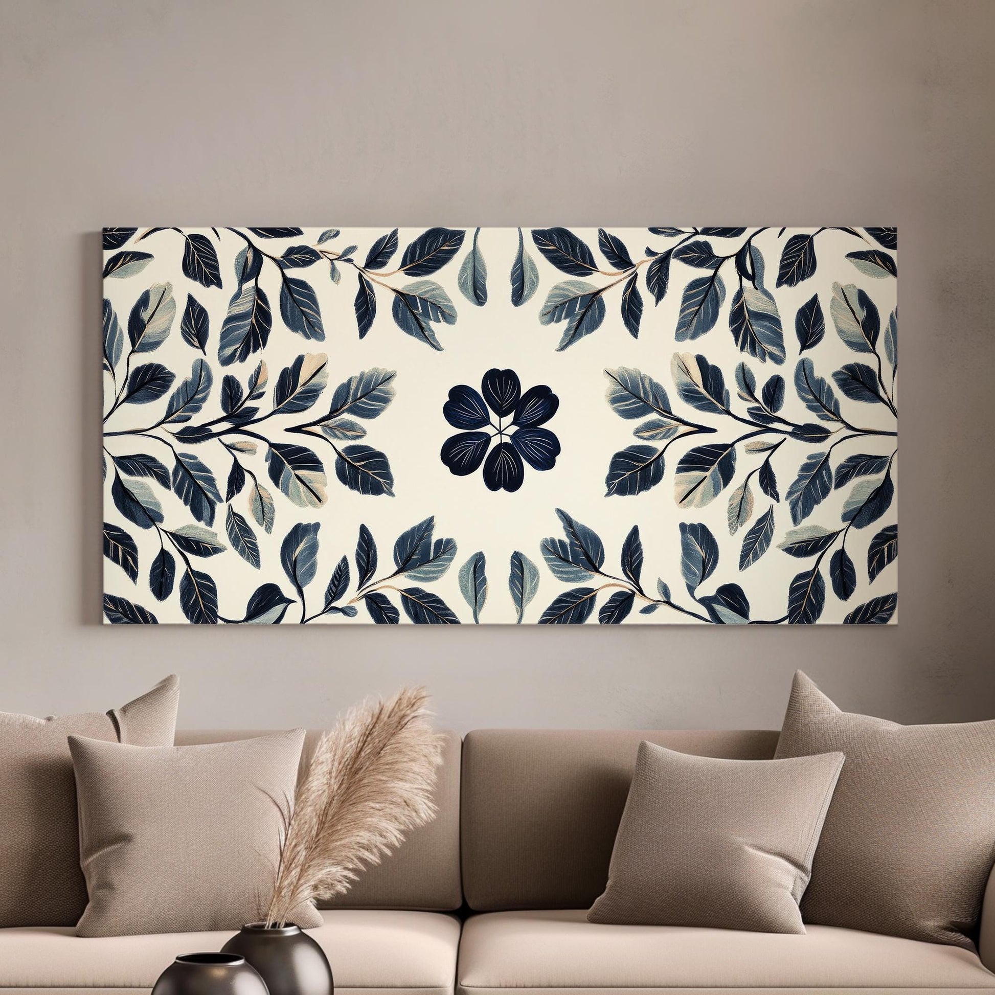 Botanical Illustrative Canvas Art | Watercolor Print | Japandi Wall Art For Living Room | Moonlit Indigo Art Horizontal Art