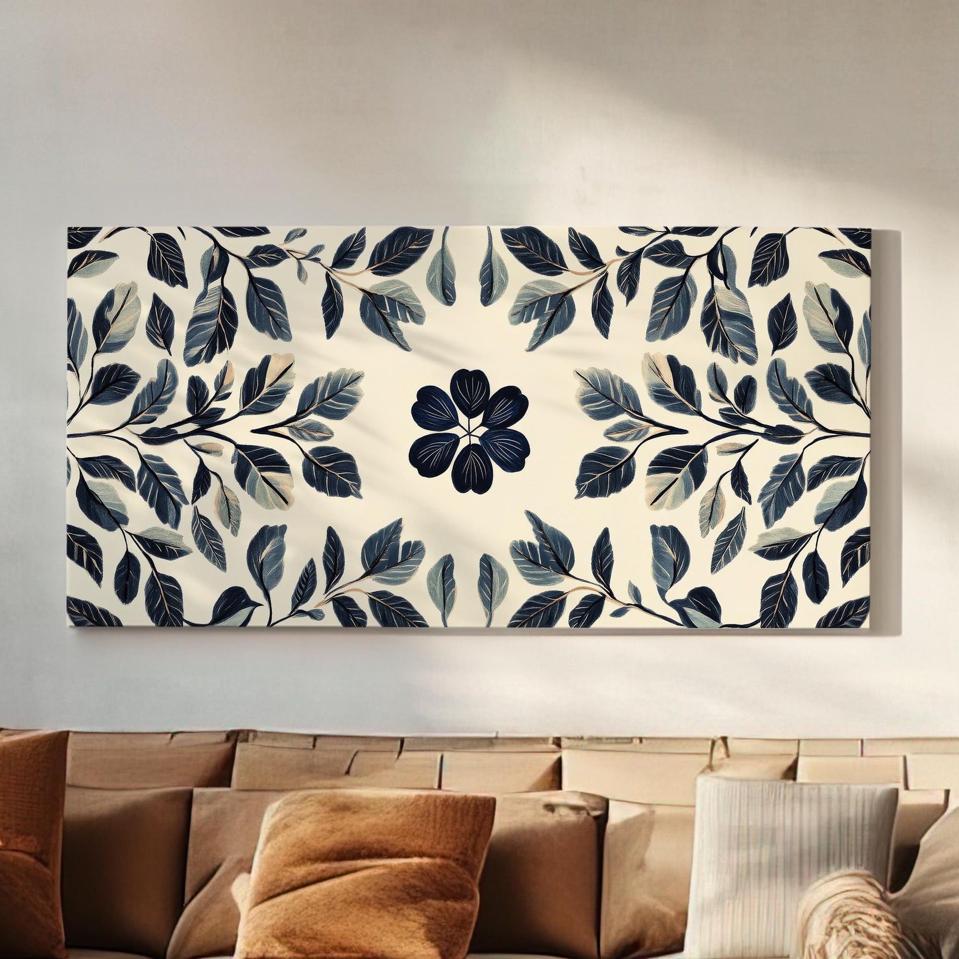 Botanical Illustrative Canvas Art | Watercolor Print | Japandi Wall Art For Living Room | Moonlit Indigo Art Horizontal Art
