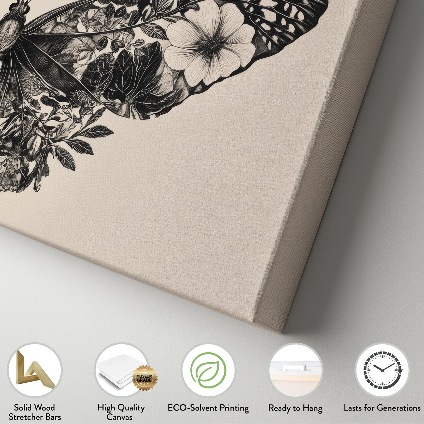 Botanical Butterfly Canvas Art | Intricate Pen Ink Print | Biophilic Wall Art For Living Room | Bone White Art Horizontal Art