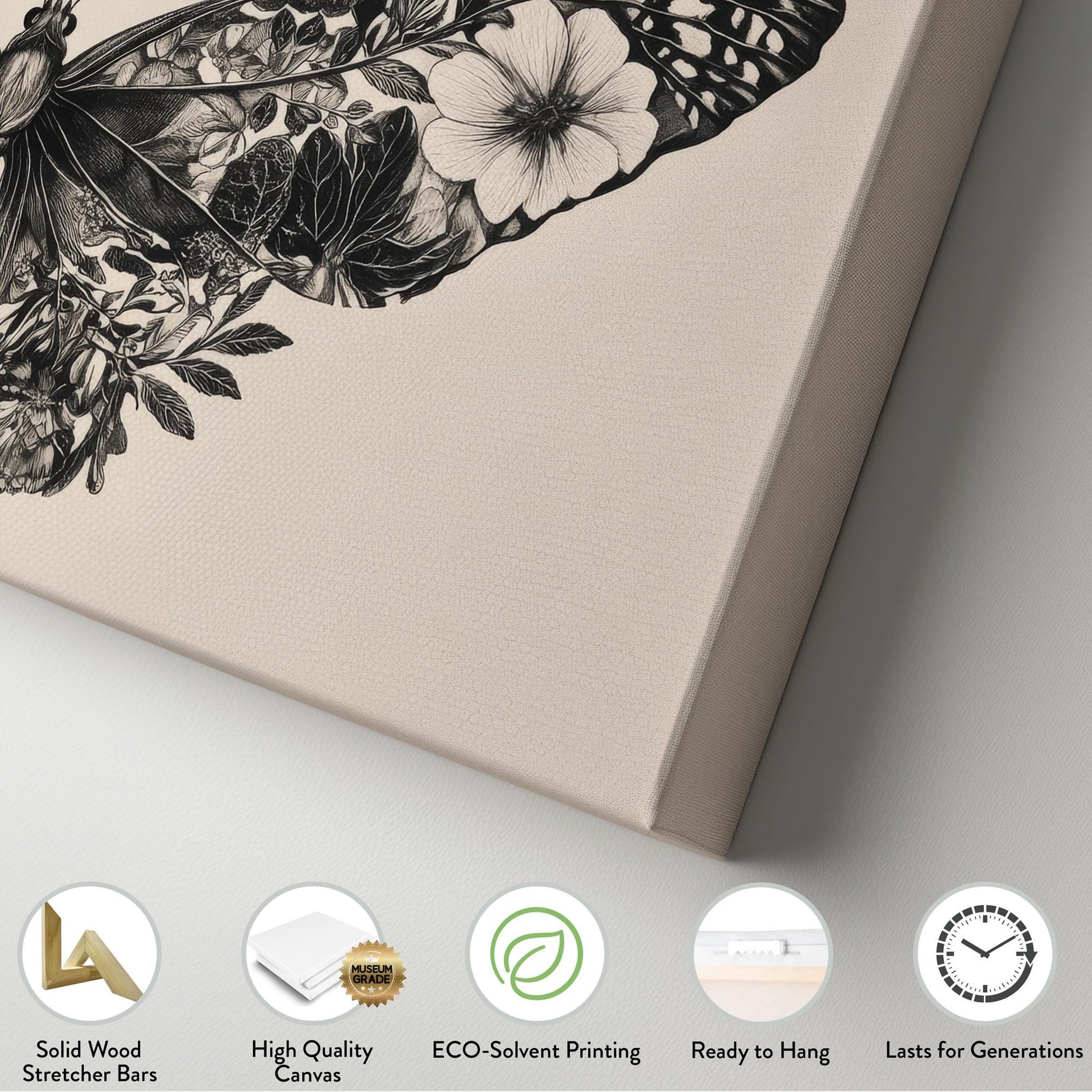Botanical Butterfly Canvas Art | Intricate Pen Ink Print | Biophilic Wall Art For Living Room | Bone White Art Horizontal Art