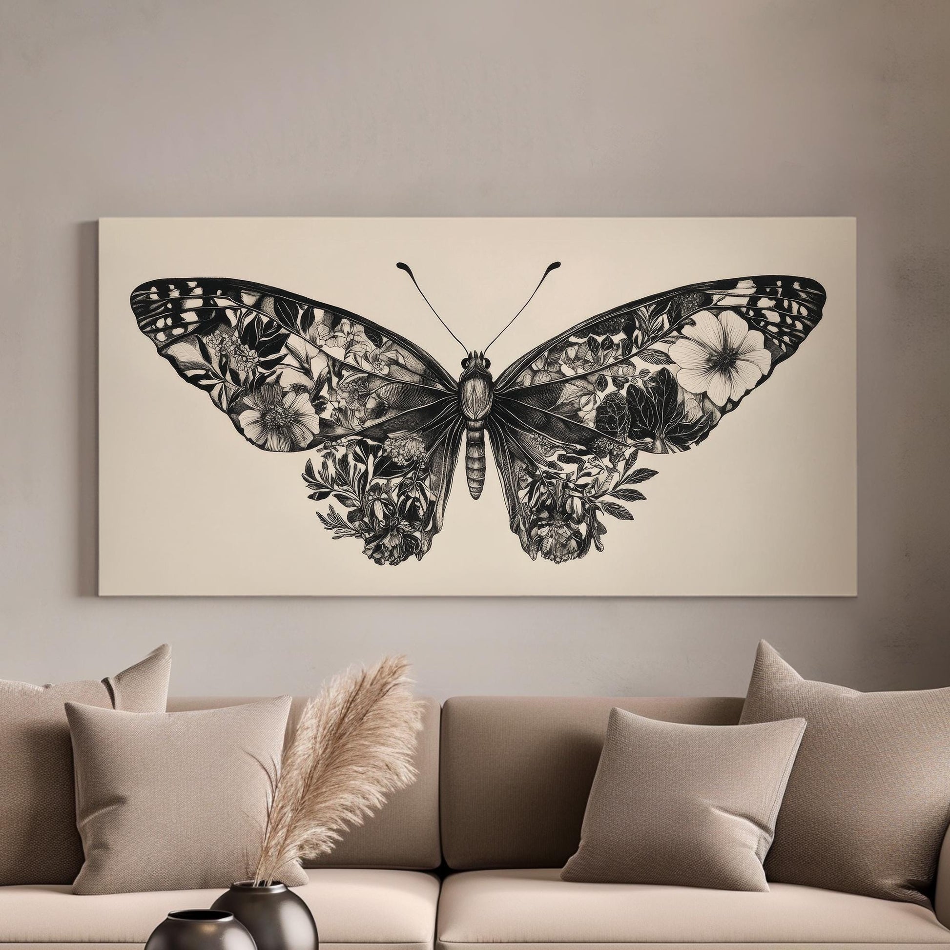 Botanical Butterfly Canvas Art | Intricate Pen Ink Print | Biophilic Wall Art For Living Room | Bone White Art Horizontal Art