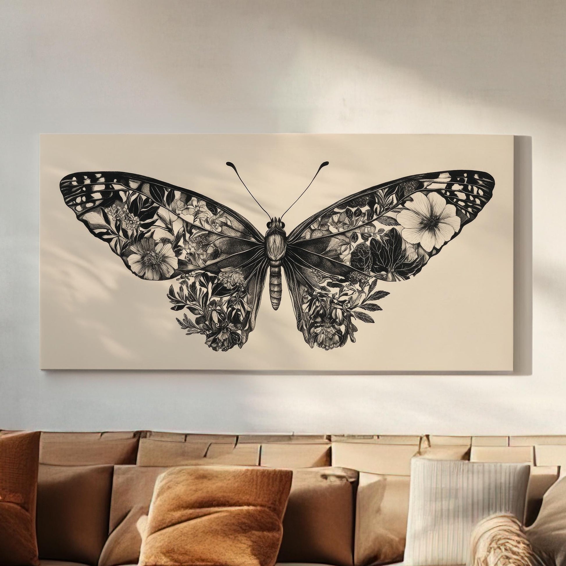 Botanical Butterfly Canvas Art | Intricate Pen Ink Print | Biophilic Wall Art For Living Room | Bone White Art Horizontal Art