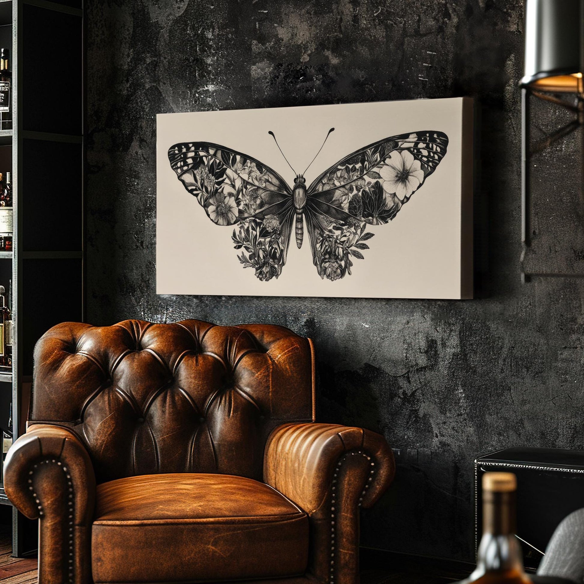 Botanical Butterfly Canvas Art | Intricate Pen Ink Print | Biophilic Wall Art For Living Room | Bone White Art Horizontal Art