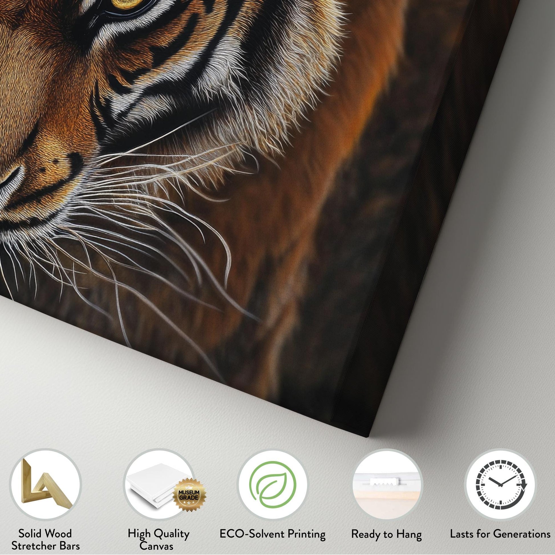 Bengal Tiger Gaze Canvas Art | Pointillist Print | Biophilic Wall Art For Living Room | Amber Sunset Art Horizontal Art
