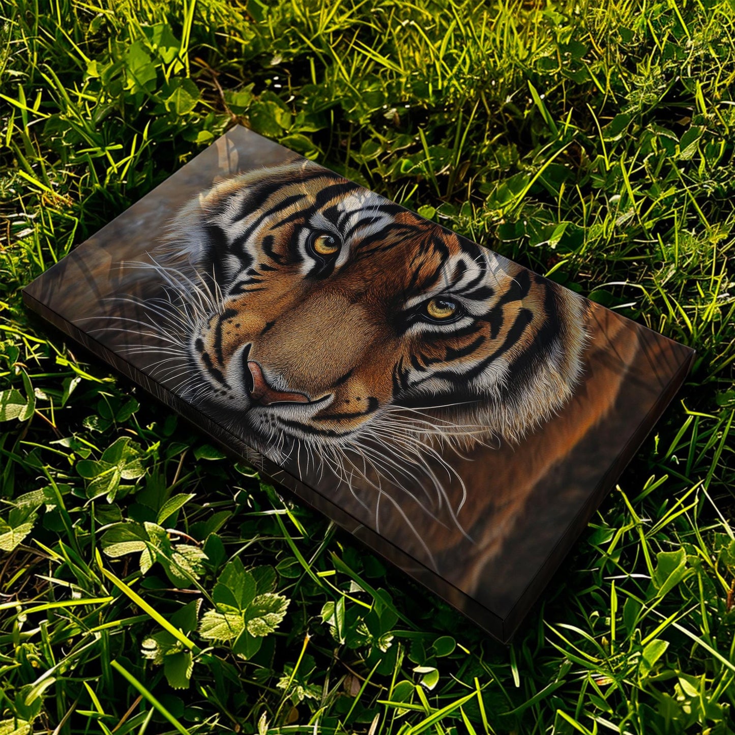 Bengal Tiger Gaze Canvas Art | Pointillist Print | Biophilic Wall Art For Living Room | Amber Sunset Art Horizontal Art