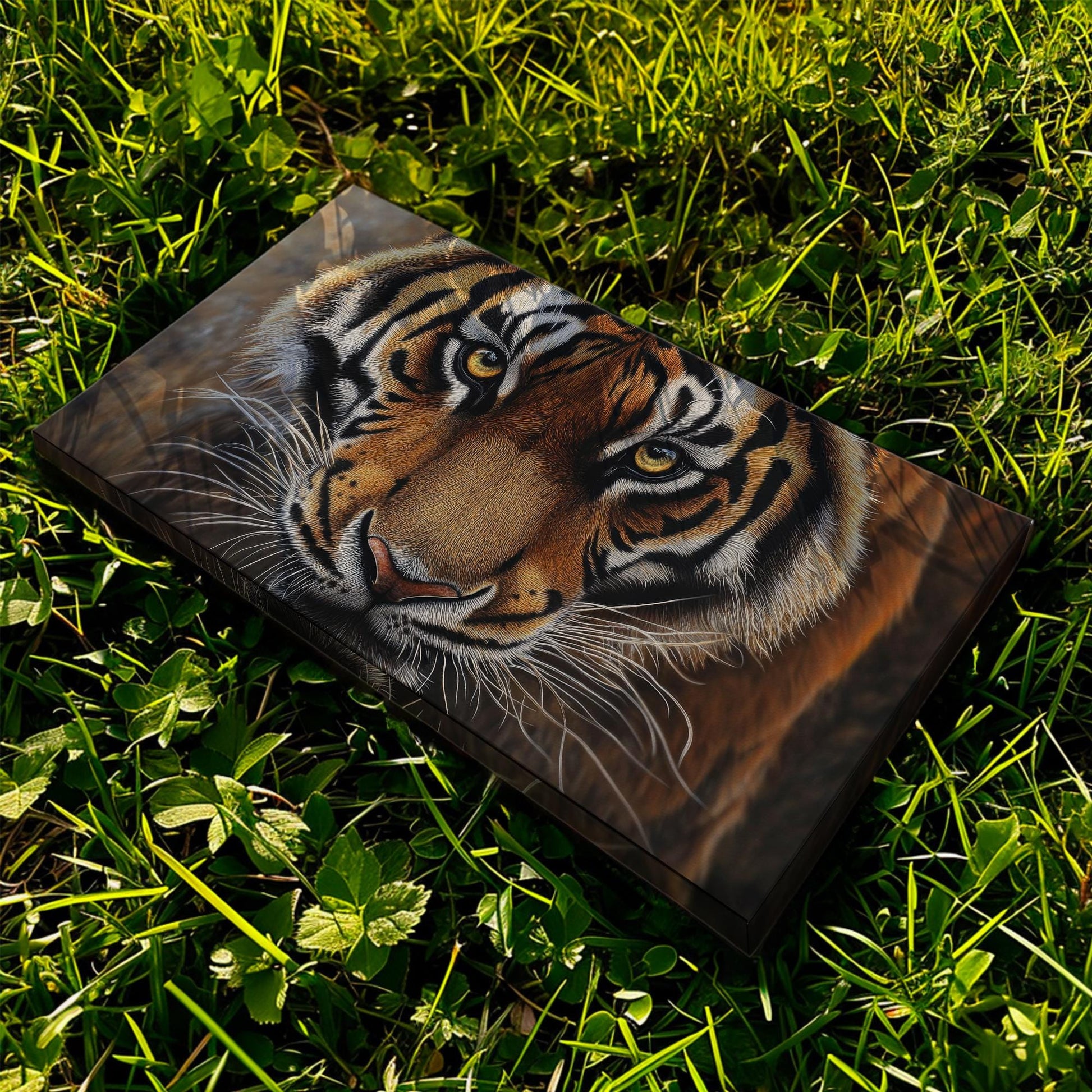 Bengal Tiger Gaze Canvas Art | Pointillist Print | Biophilic Wall Art For Living Room | Amber Sunset Art Horizontal Art