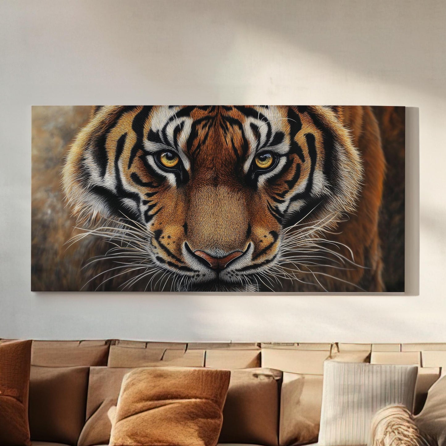 Bengal Tiger Gaze Canvas Art | Pointillist Print | Biophilic Wall Art For Living Room | Amber Sunset Art Horizontal Art