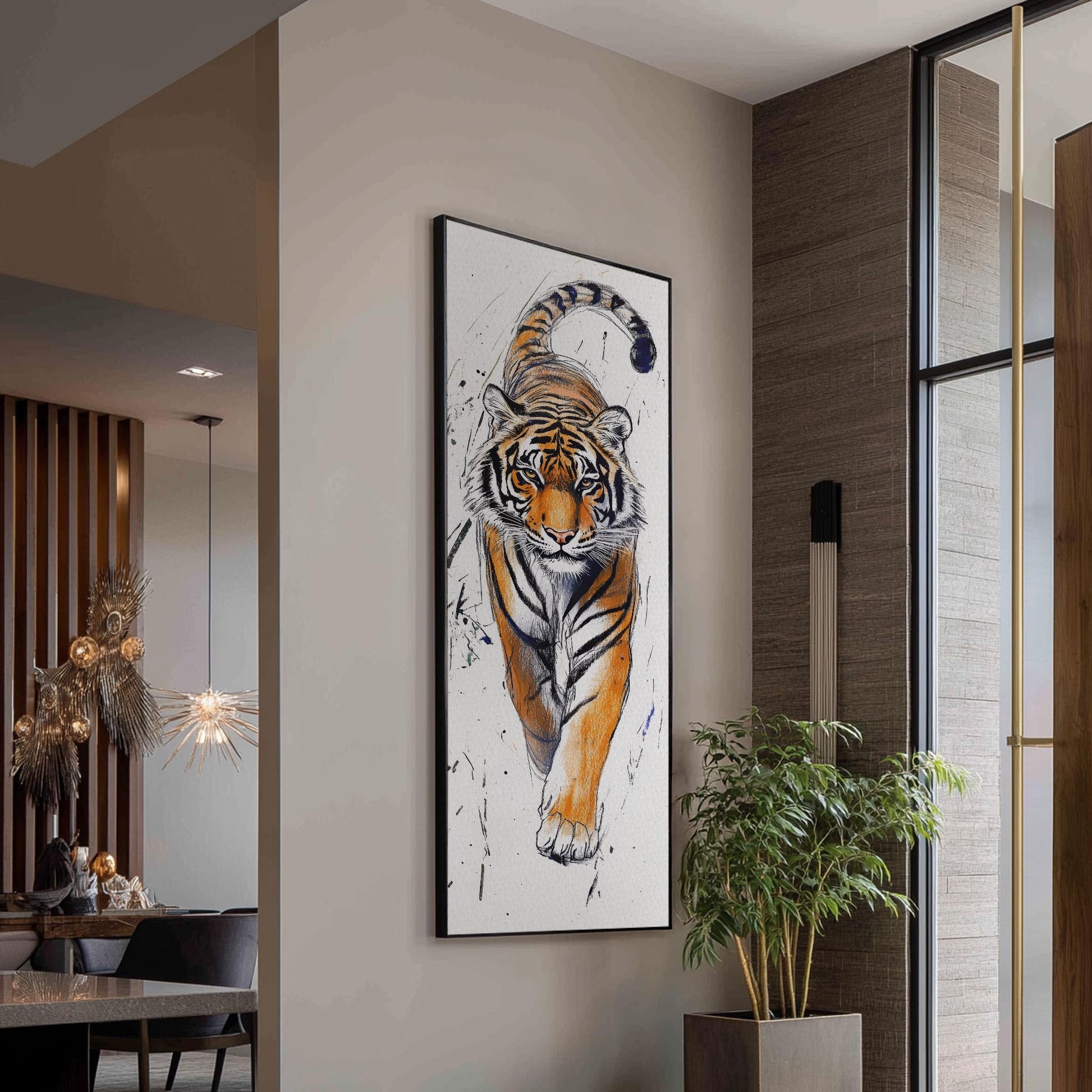 Bengal Tiger Canvas Art | Expressive Charcoal Print | Bohemian Wall Art For Living Room | Burnt Sienna Art Long Vertical Art