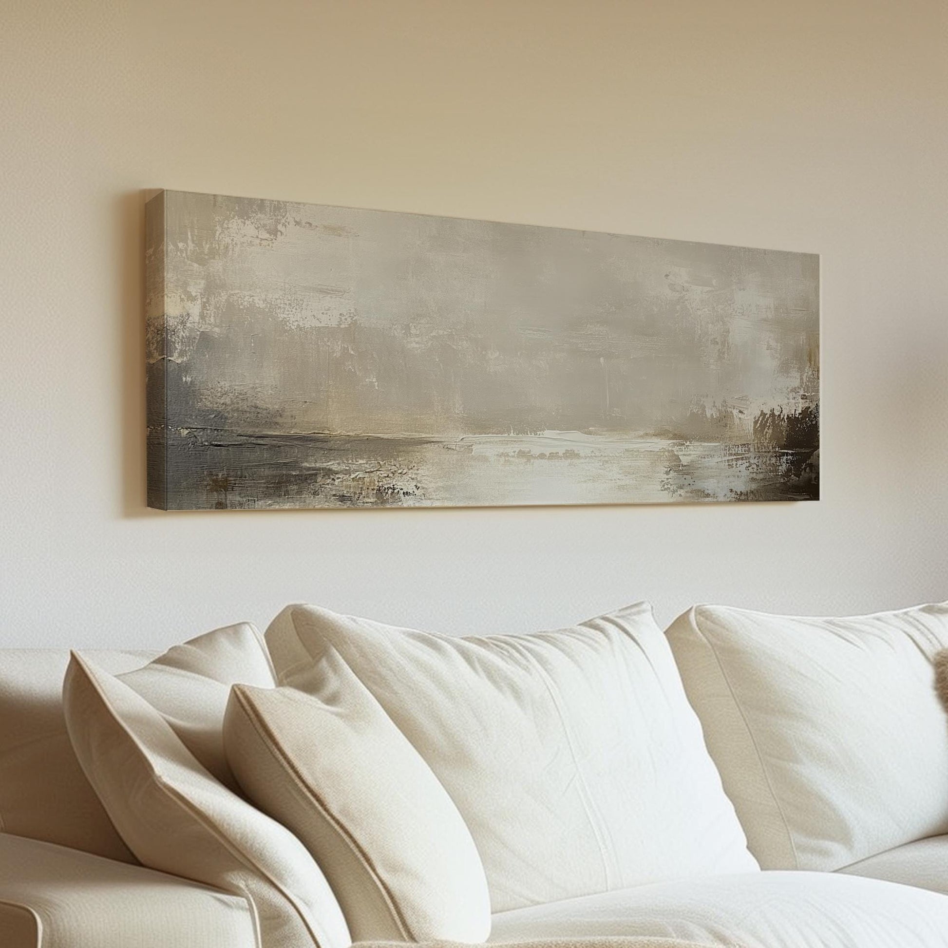 Abstract Seascape Canvas Art | Impasto Palette Knife Print | Tranquil Scandinavian Wall Art For Living Room Panoramic Wall Art