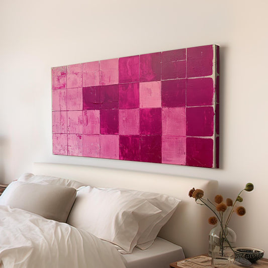Abstract Grid Canvas Art | Impasto Textural Print | Mid Century Modern Wall Art For Living Room | Rosewood Blush Pink Art Horizontal Art