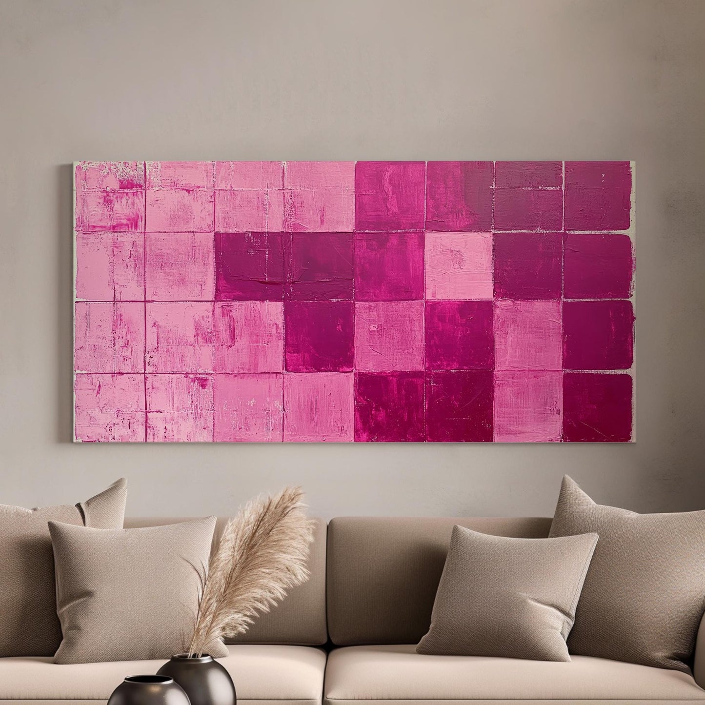 Abstract Grid Canvas Art | Impasto Textural Print | Mid Century Modern Wall Art For Living Room | Rosewood Blush Pink Art Horizontal Art