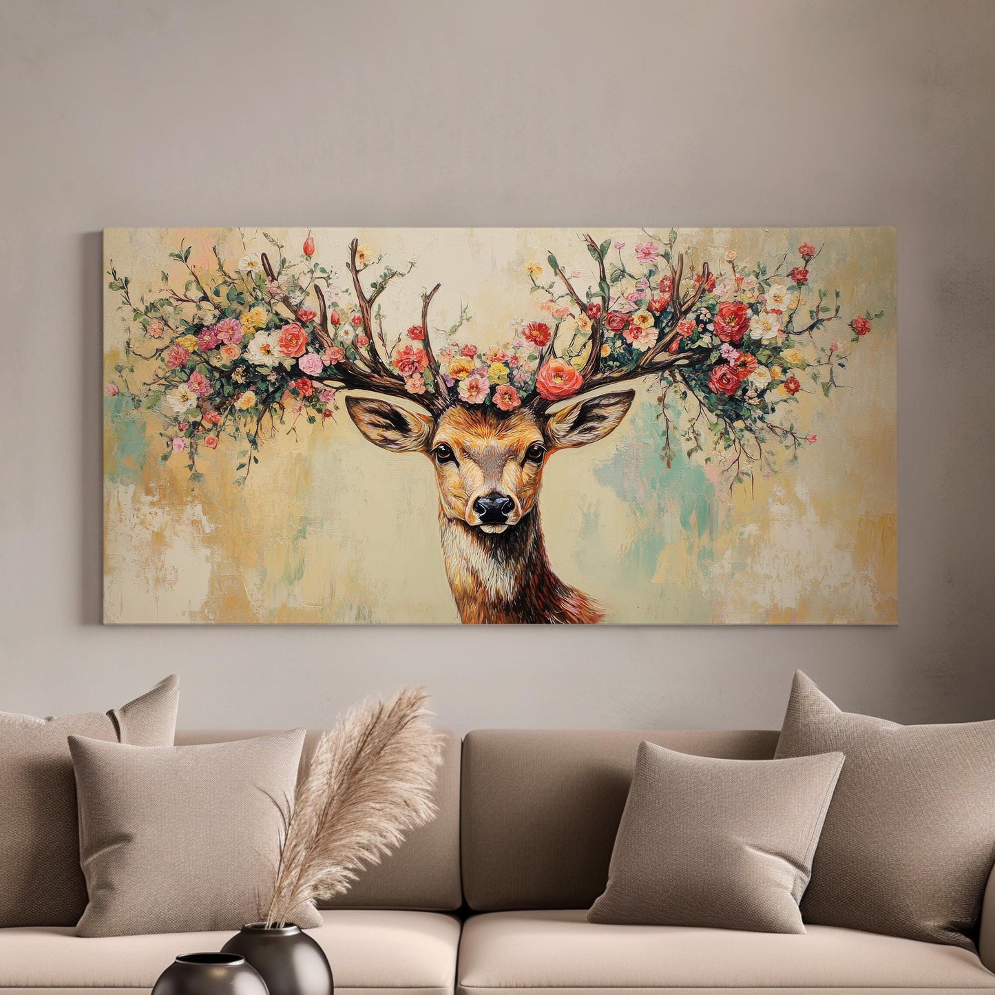 Floral Deer Antler Canvas Art | Impasto Print | Bohemian Wall Art For Living Room | Blush Pink Cream Art Horizontal Art