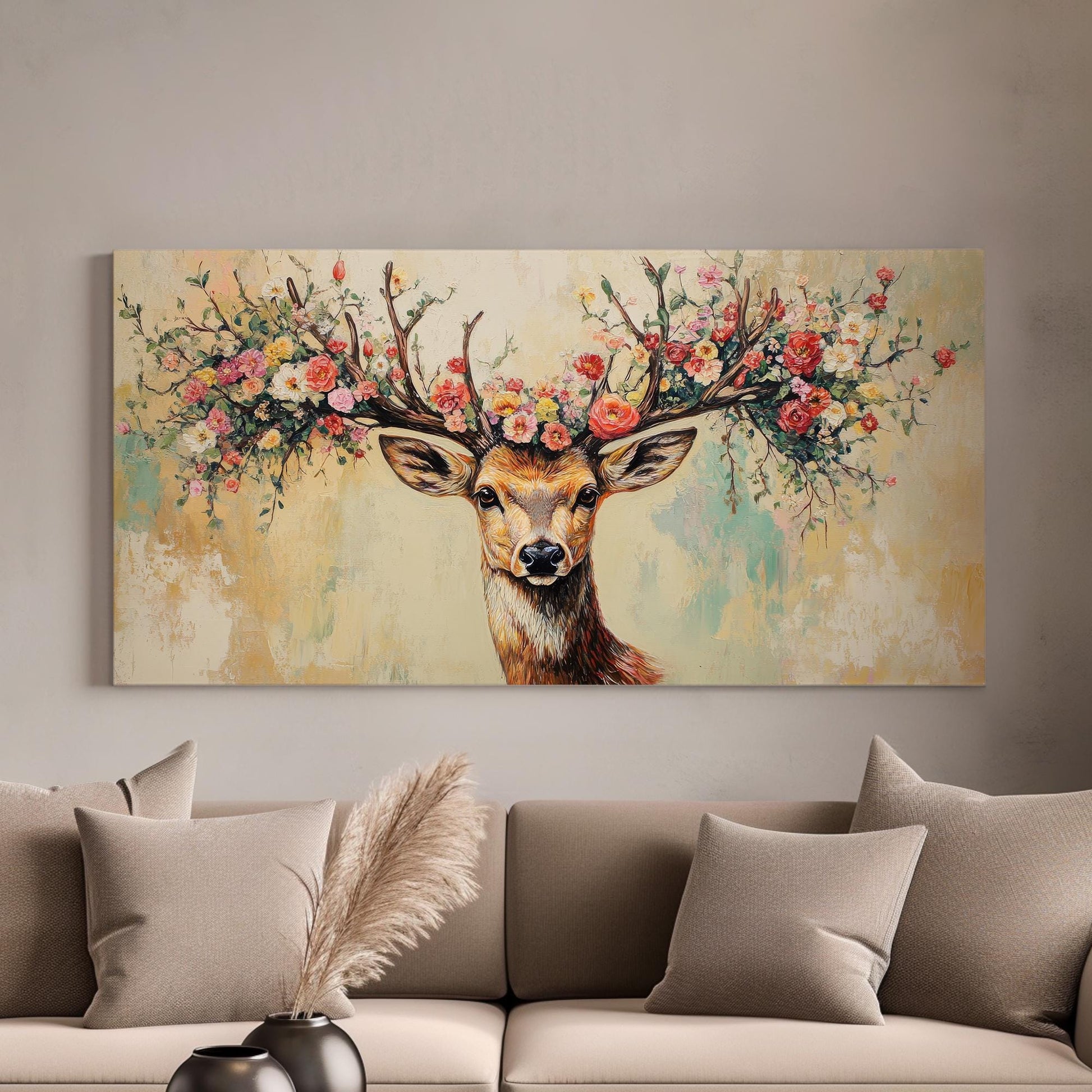Floral Deer Antler Canvas Art | Impasto Print | Bohemian Wall Art For Living Room | Blush Pink Cream Art Horizontal Art