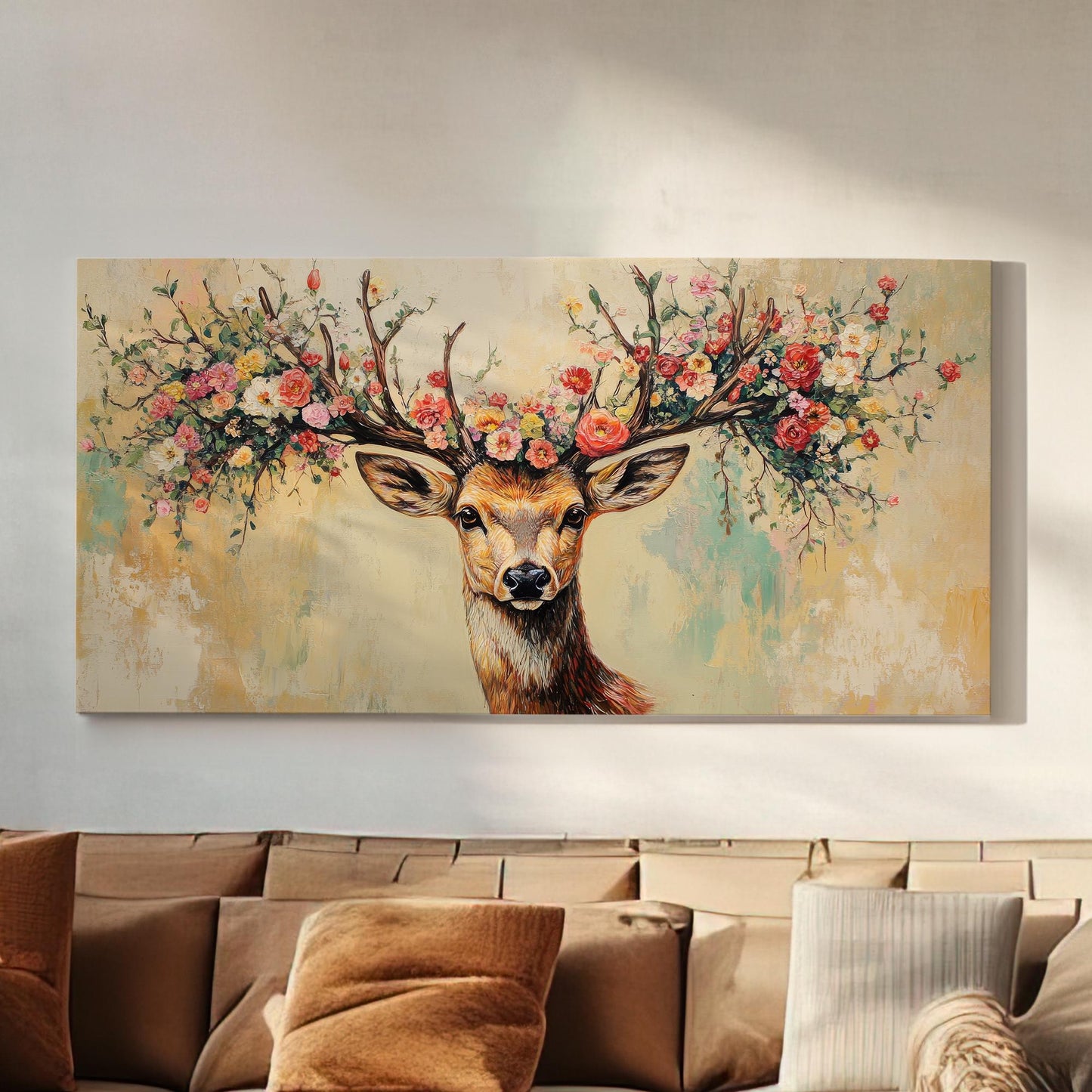 Floral Deer Antler Canvas Art | Impasto Print | Bohemian Wall Art For Living Room | Blush Pink Cream Art Horizontal Art
