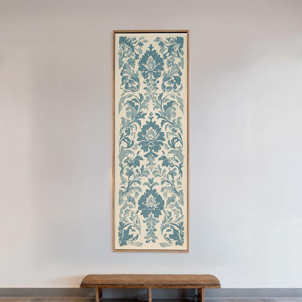 Floral Damask Canvas Art | French Rococo Print | Bohemian Wall Art For Living Room | Seashell Beige Art Long Vertical Art