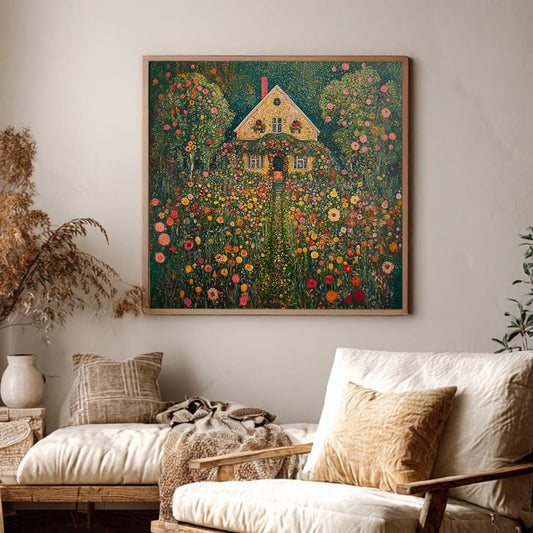 Floral Cottage Canvas Art | Gustav Klimt Inspired Print | Bohemian Wall Art For Living Room | Honeycomb Yellow Art Square Canvas Art