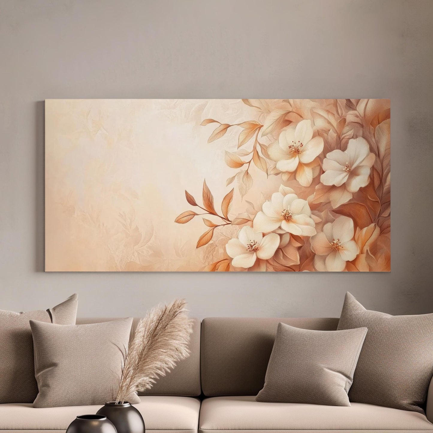 Floral Botanical Canvas Art | Watercolor Botanical Print | Bohemian Wall Art For Living Room | Blush Pink Dried Rose Gold Art Horizontal Art