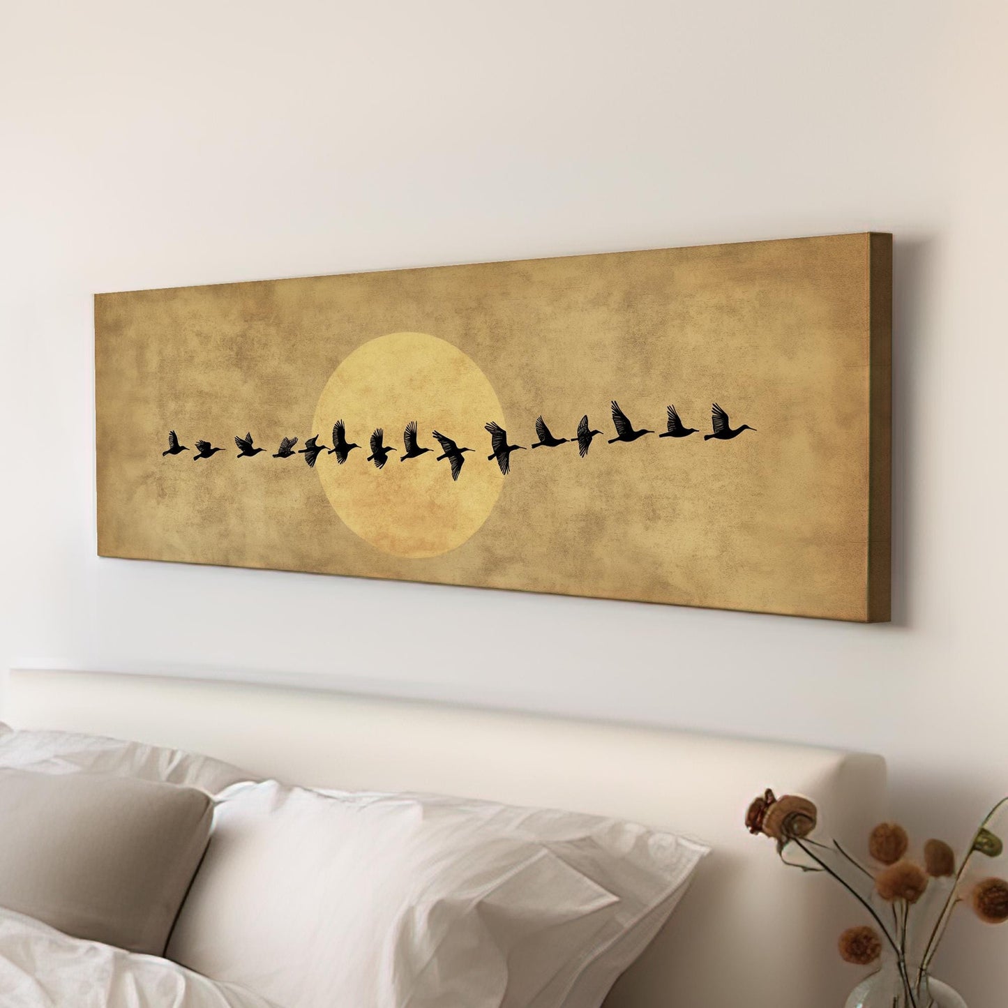 Flock of Birds Canvas Art | Silhouette Print | Bohemian Wall Art For Living Room | Antique Gold Art | Tranquil Decor Panoramic Wall Art