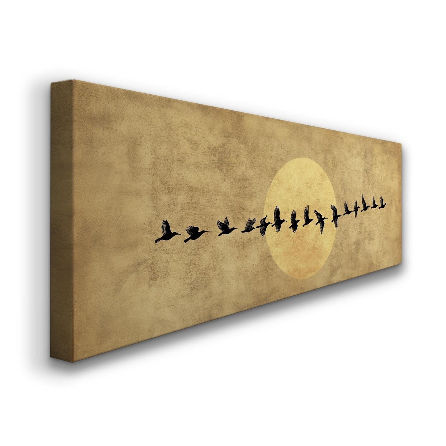 Flock of Birds Canvas Art | Silhouette Print | Bohemian Wall Art For Living Room | Antique Gold Art | Tranquil Decor Panoramic Wall Art