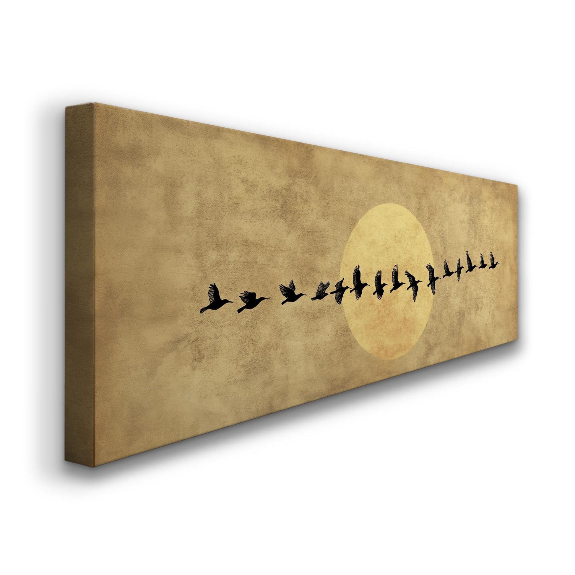 Flock of Birds Canvas Art | Silhouette Print | Bohemian Wall Art For Living Room | Antique Gold Art | Tranquil Decor Panoramic Wall Art