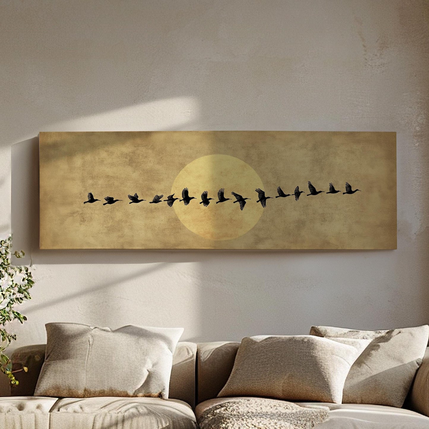 Flock of Birds Canvas Art | Silhouette Print | Bohemian Wall Art For Living Room | Antique Gold Art | Tranquil Decor Panoramic Wall Art