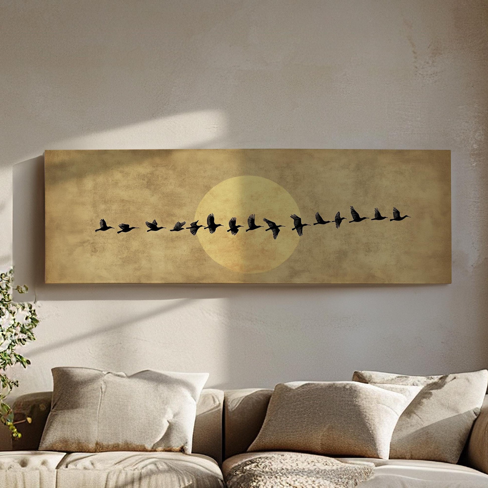 Flock of Birds Canvas Art | Silhouette Print | Bohemian Wall Art For Living Room | Antique Gold Art | Tranquil Decor Panoramic Wall Art