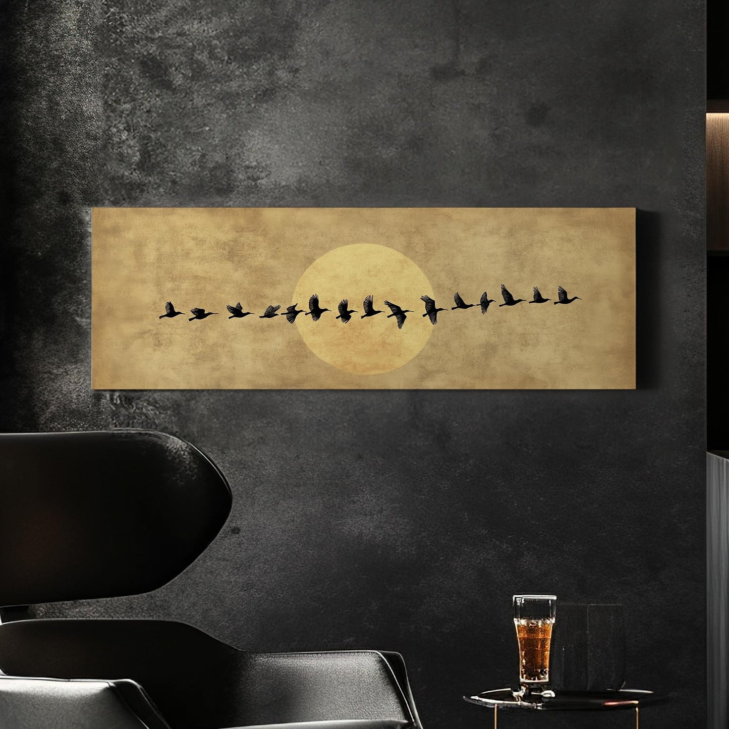 Flock of Birds Canvas Art | Silhouette Print | Bohemian Wall Art For Living Room | Antique Gold Art | Tranquil Decor Panoramic Wall Art
