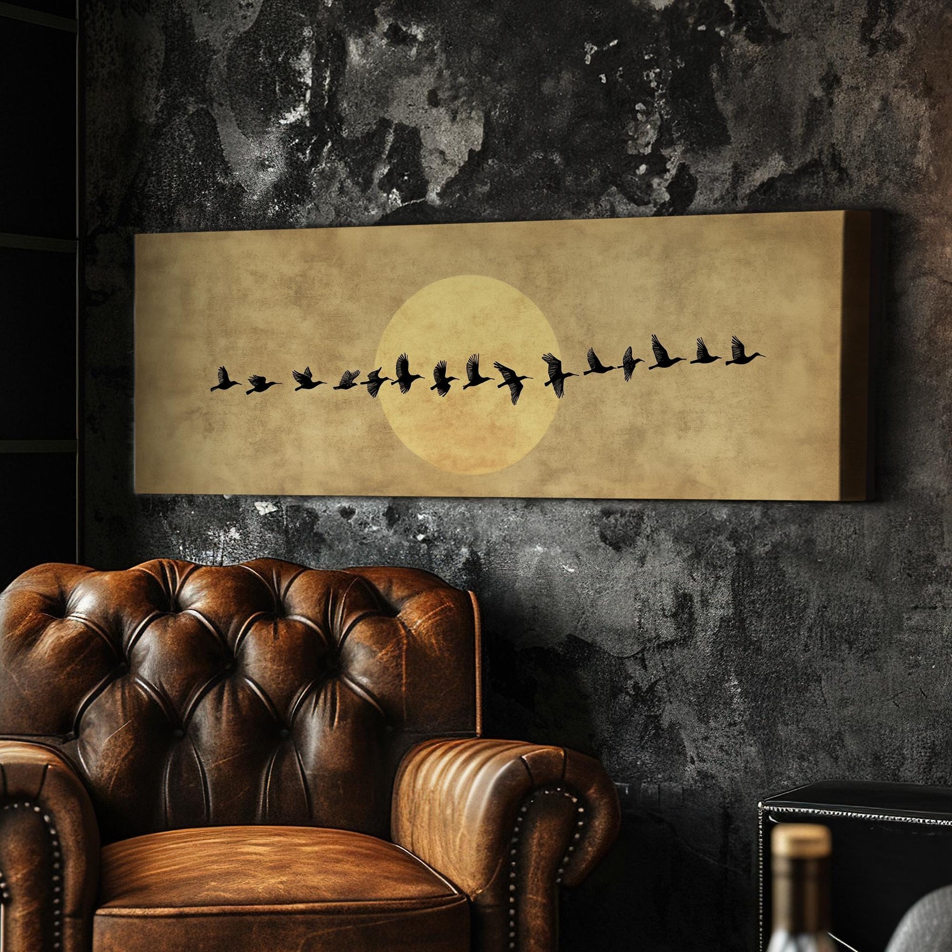 Flock of Birds Canvas Art | Silhouette Print | Bohemian Wall Art For Living Room | Antique Gold Art | Tranquil Decor Panoramic Wall Art