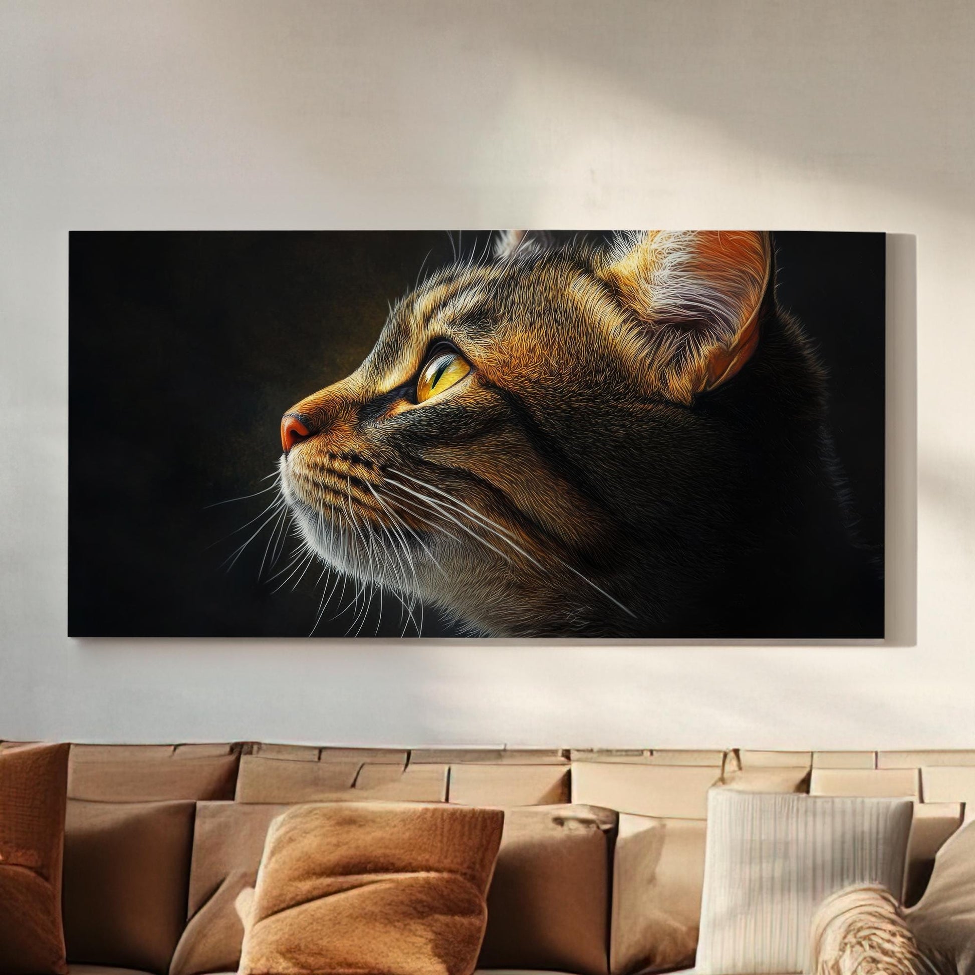 Feline Gaze Canvas Art | Impressionistic Digital Print | Bohemian Wall Art For Living Room | Amber Sunset Art Horizontal Art