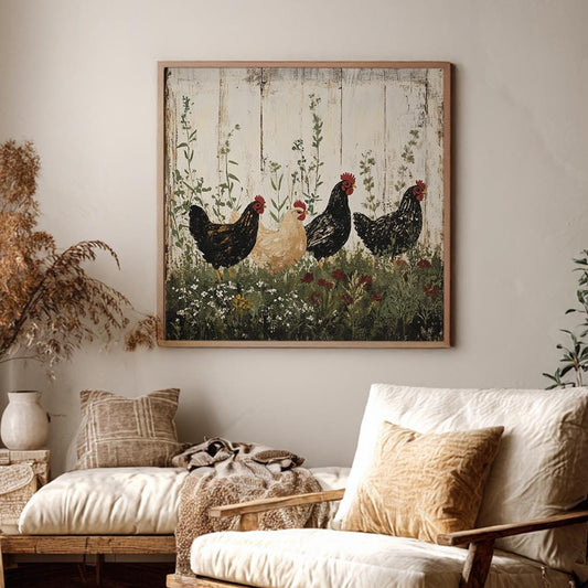 Farmhouse Chicken Canvas Art | Naive Folk Art Print | French Country Wall Art For Kitchen | Creamy Oat Milk Art Square Canvas Art