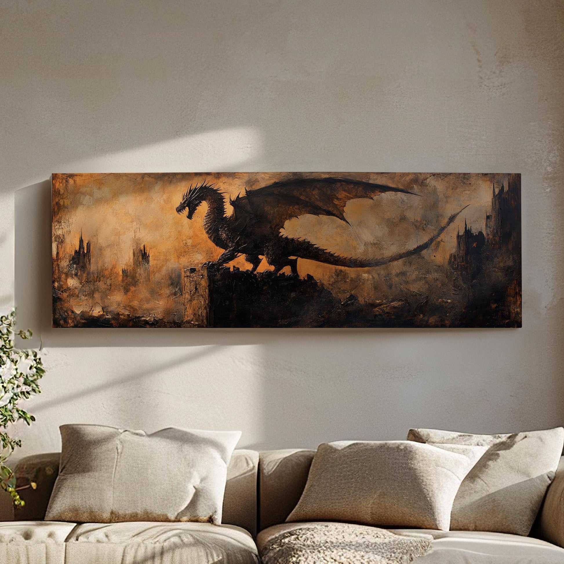 Dragons Shadow Canvas Art | Impasto Print | Industrial Gothic Wall Art For Living Room | Burnt Sienna Art Panoramic Wall Art