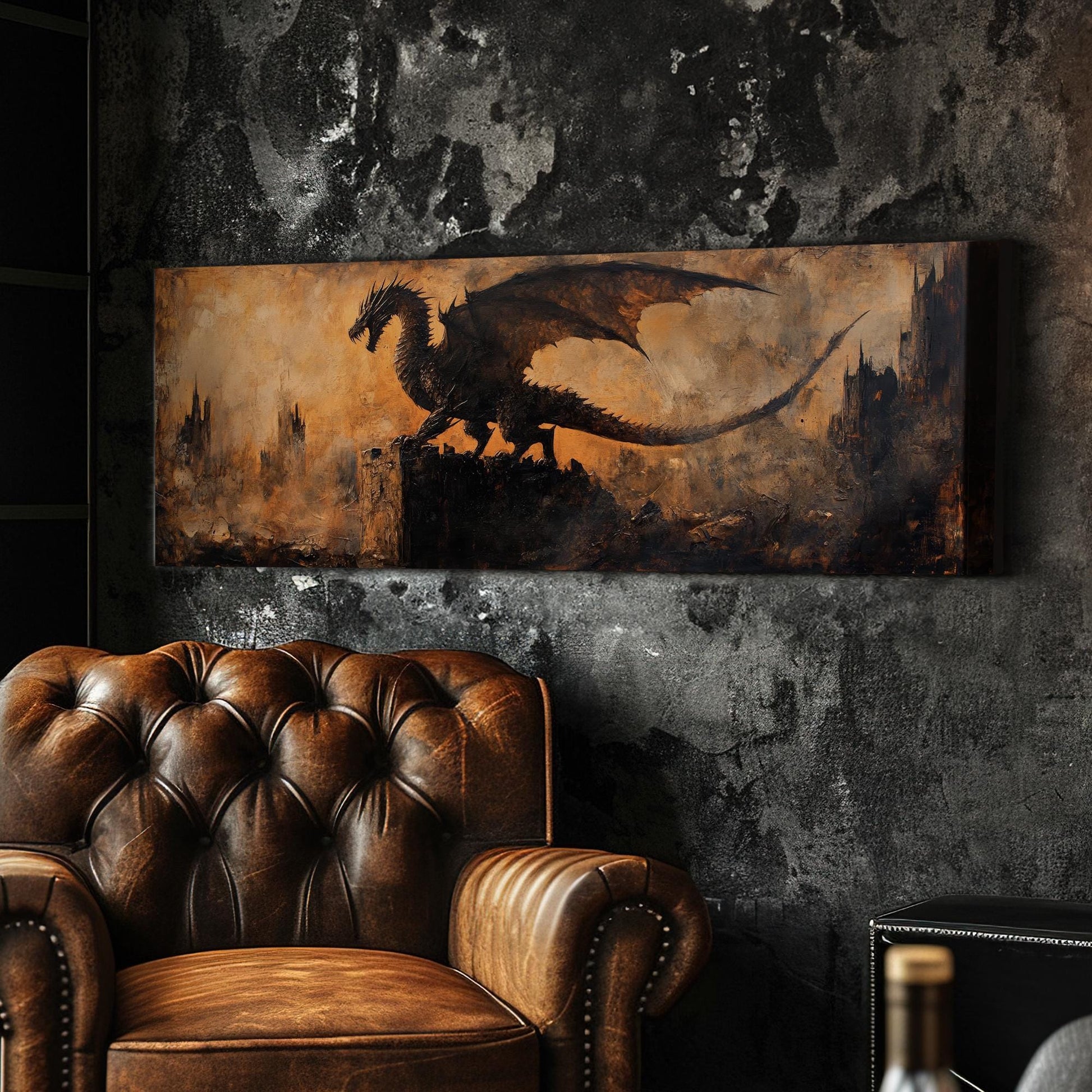 Dragons Shadow Canvas Art | Impasto Print | Industrial Gothic Wall Art For Living Room | Burnt Sienna Art Panoramic Wall Art