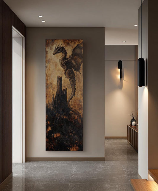 Dragons Perch Canvas Art | Impasto Print | Bohemian Wall Art For Living Room | Burnt Sienna Obsidian Art | Fantasy Decor Long Vertical Art