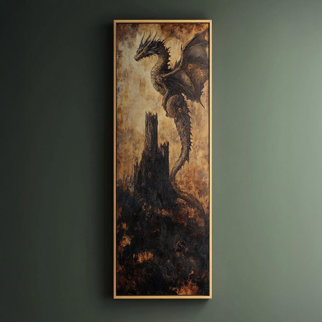 Dragons Perch Canvas Art | Impasto Print | Bohemian Wall Art For Living Room | Burnt Sienna Obsidian Art | Fantasy Decor Long Vertical Art