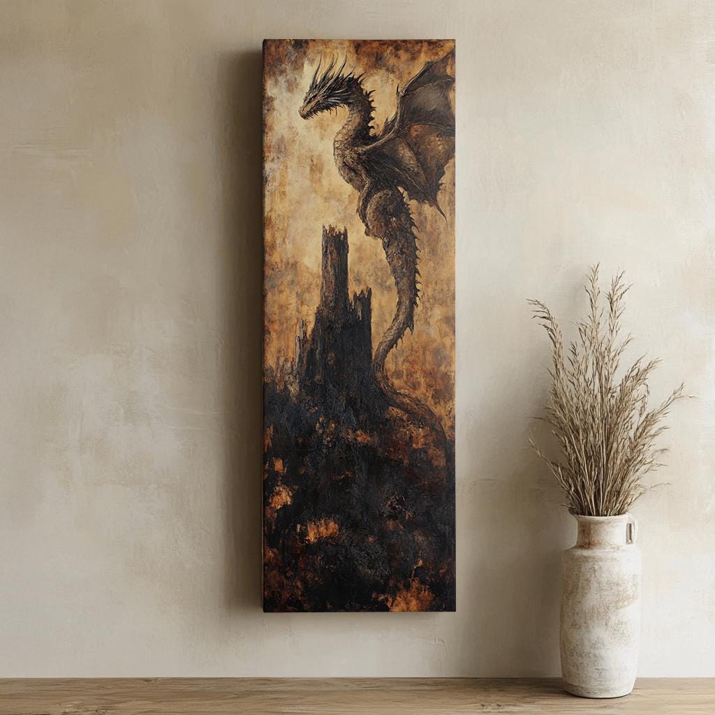 Dragons Perch Canvas Art | Impasto Print | Bohemian Wall Art For Living Room | Burnt Sienna Obsidian Art | Fantasy Decor Long Vertical Art