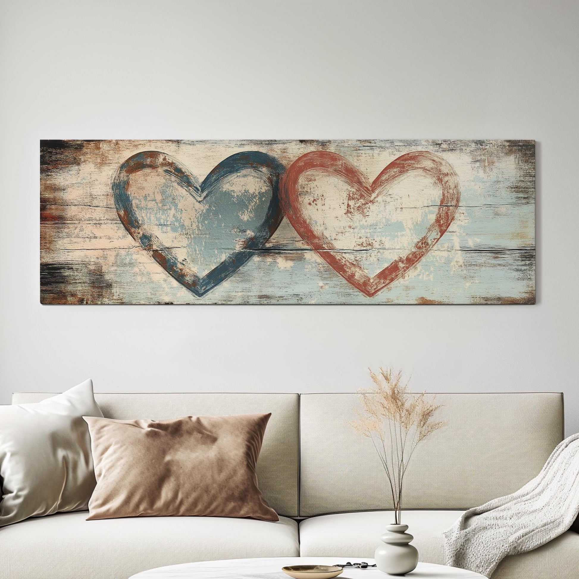 Double Heartbeat Canvas Art | Impasto Print | Bohemian Wall Art For Living Room | Driftwood Terracotta Art Panoramic Wall Art