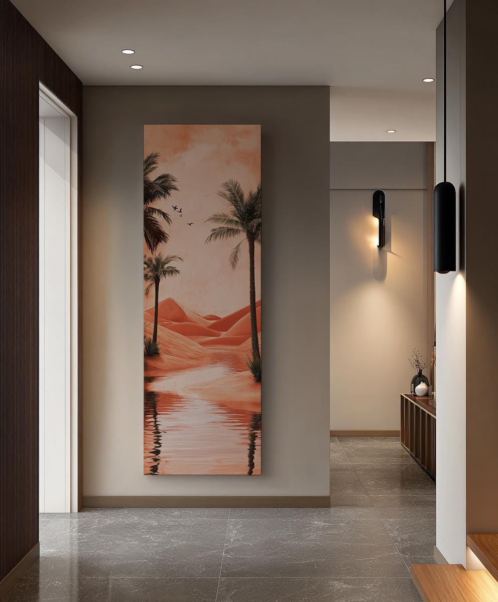 Desert Oasis Palm Trees Canvas Art | Minimalist Digital Print | Biophilic Wall Art For Living Room | Terracotta Sunset Art Long Vertical Art