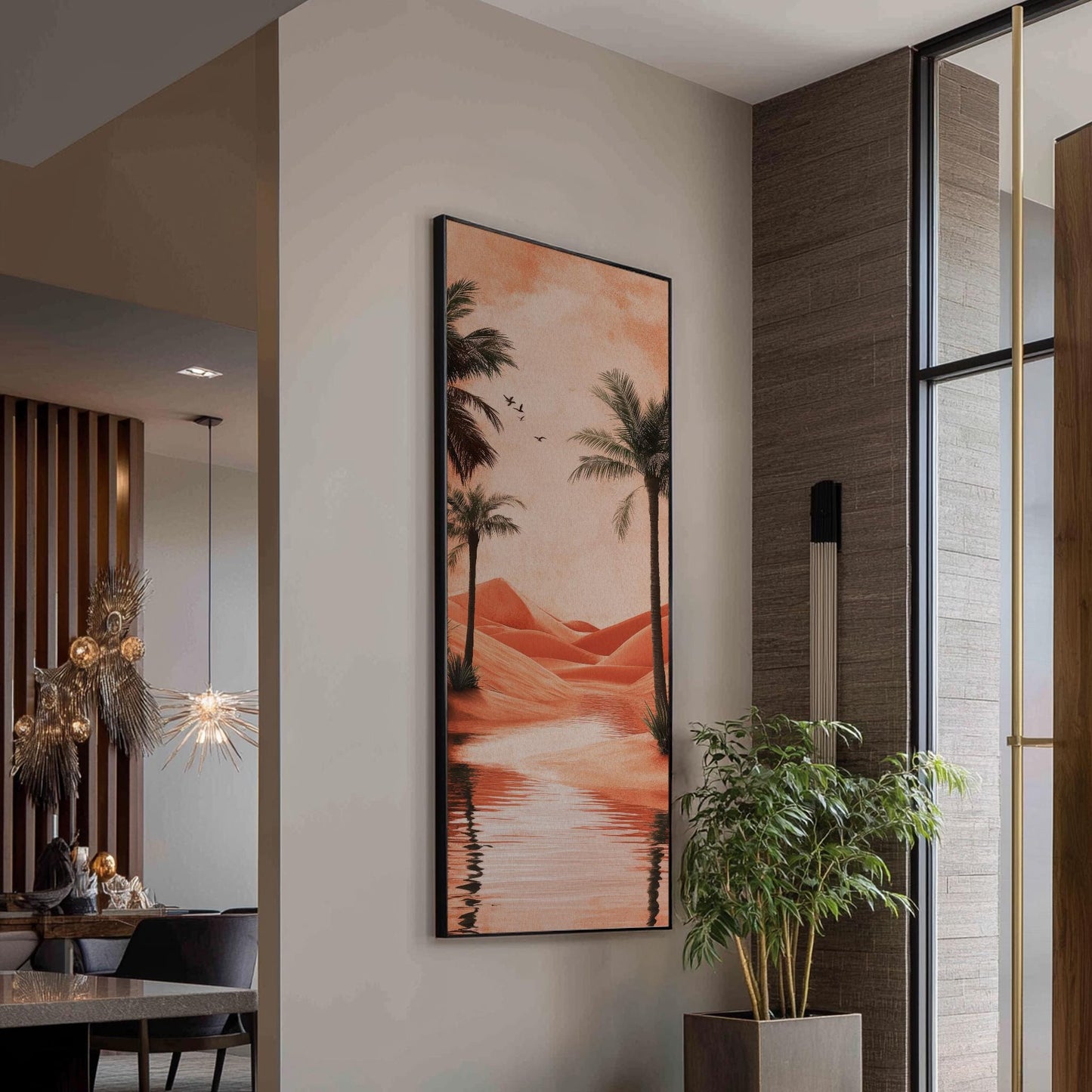 Desert Oasis Palm Trees Canvas Art | Minimalist Digital Print | Biophilic Wall Art For Living Room | Terracotta Sunset Art Long Vertical Art