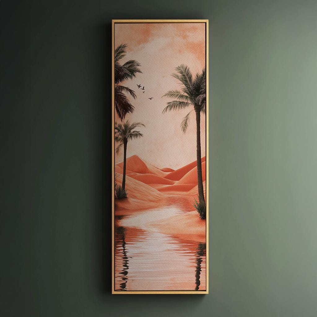 Desert Oasis Palm Trees Canvas Art | Minimalist Digital Print | Biophilic Wall Art For Living Room | Terracotta Sunset Art Long Vertical Art