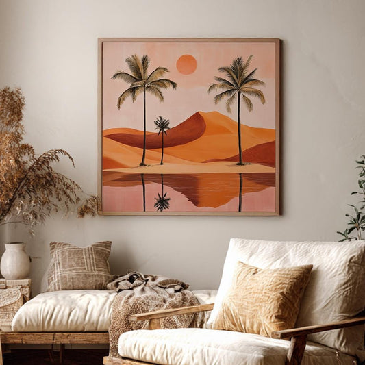 Desert Oasis Canvas Art | Palm Tree Minimalist Print | Bohemian Wall Art For Living Room | Terracotta Sunset Art Square Canvas Art