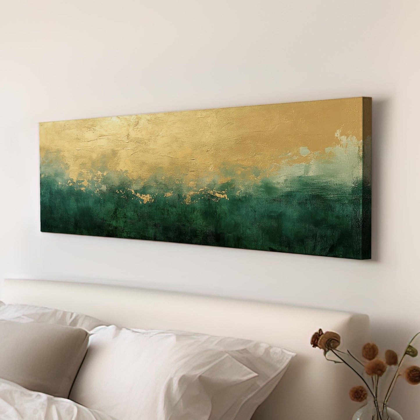 Abstract Gold Leaf Canvas Art | Impasto Textured Print | Biophilic Wall Art For Living Room | Jade Champagne Gold Art Panoramic Wall Art