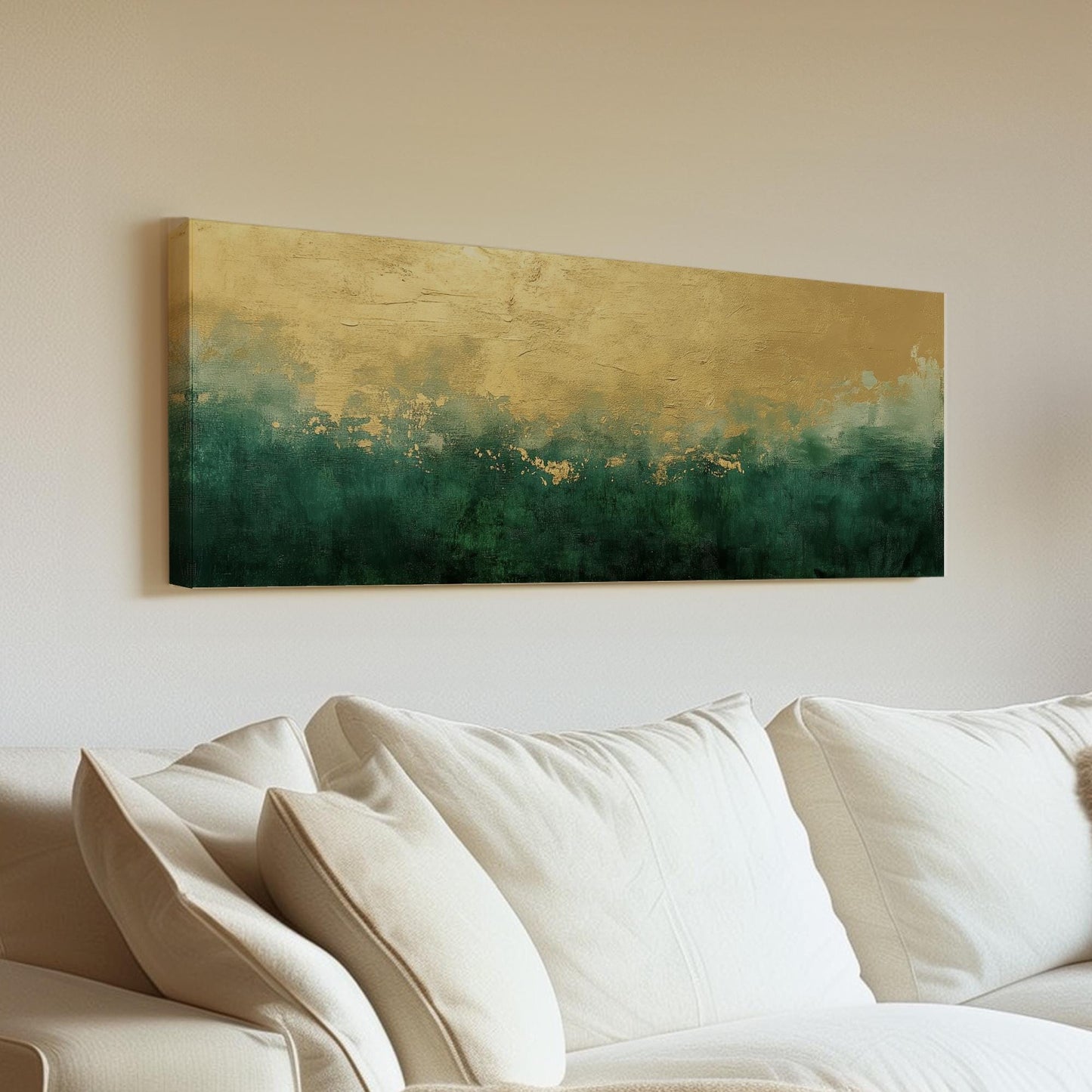 Abstract Gold Leaf Canvas Art | Impasto Textured Print | Biophilic Wall Art For Living Room | Jade Champagne Gold Art Panoramic Wall Art