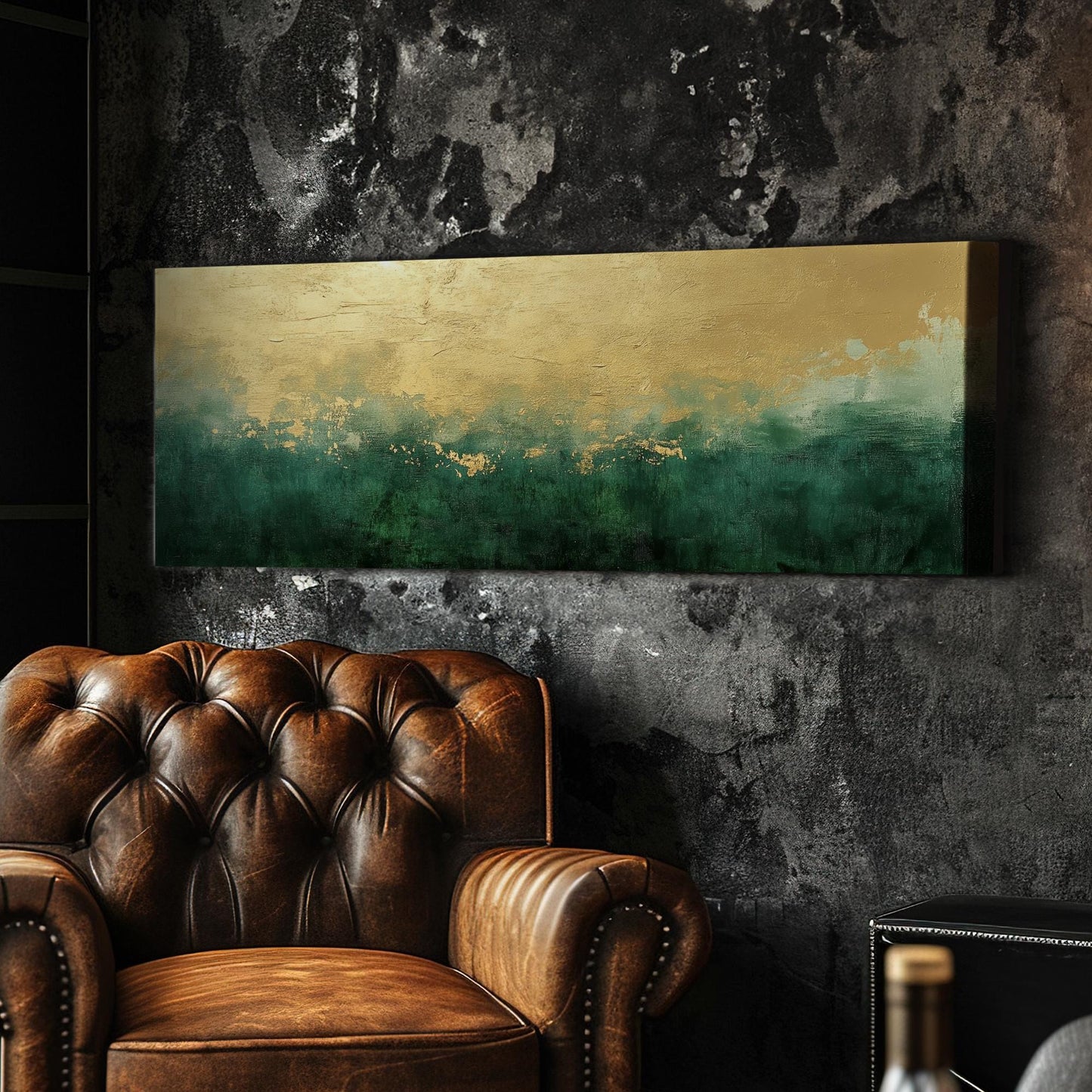 Abstract Gold Leaf Canvas Art | Impasto Textured Print | Biophilic Wall Art For Living Room | Jade Champagne Gold Art Panoramic Wall Art