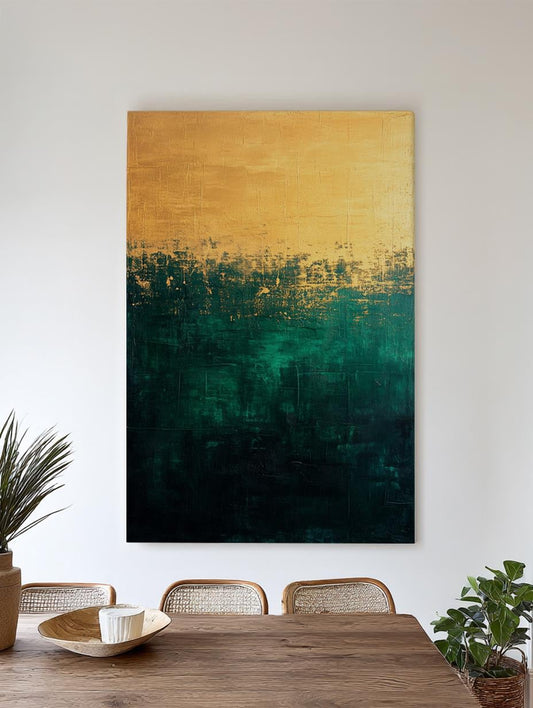Abstract Gold Emerald Gradient Canvas Art | Impasto Texture Print | Bohemian Modern Wall Art For Living Room Vertical Canvas