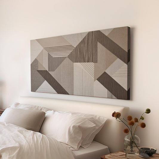 Abstract Geometric Canvas Art | Linear Stripe Print | Mid Century Modern Wall Art For Living Room | Taupe Oat Milk Art Horizontal Art