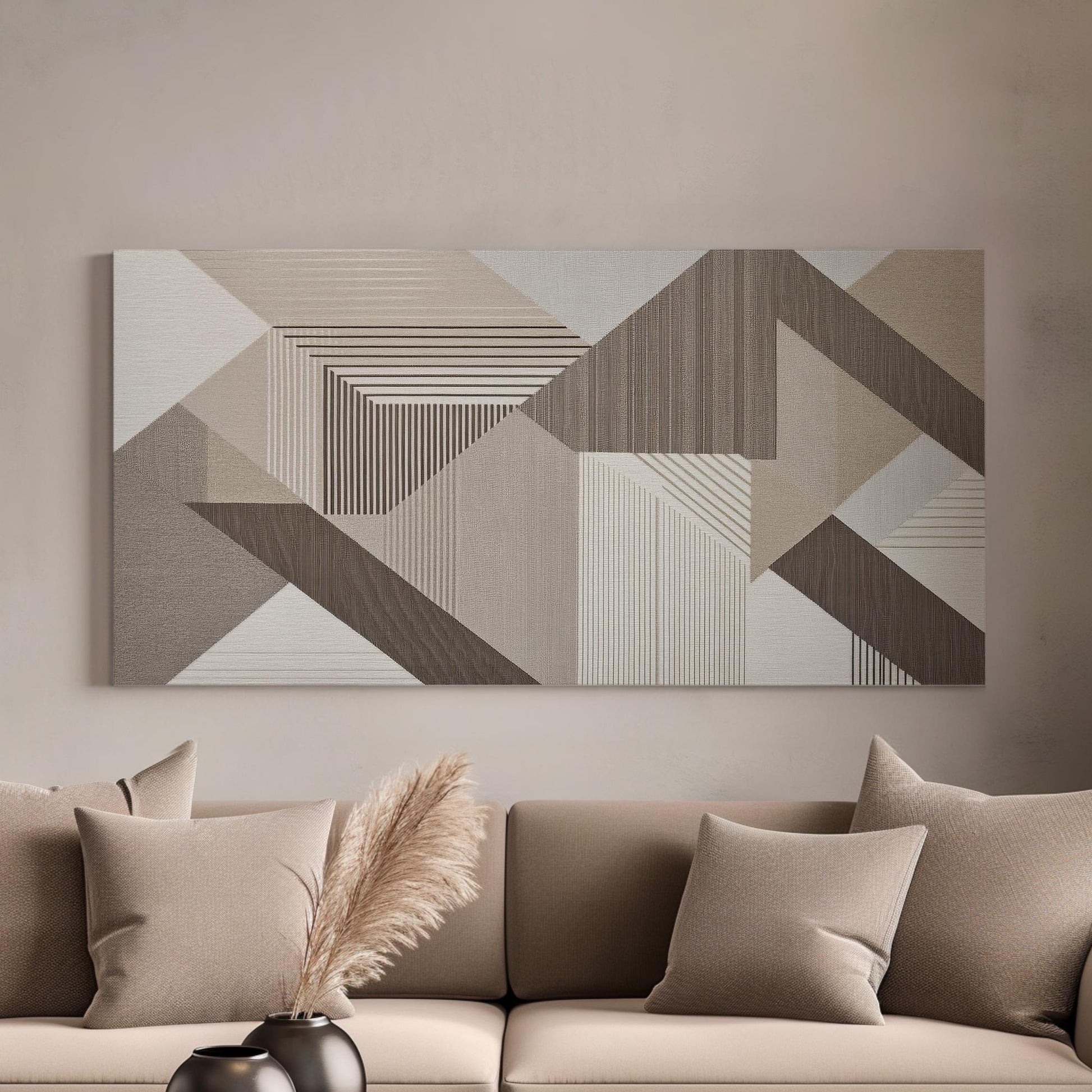 Abstract Geometric Canvas Art | Linear Stripe Print | Mid Century Modern Wall Art For Living Room | Taupe Oat Milk Art Horizontal Art