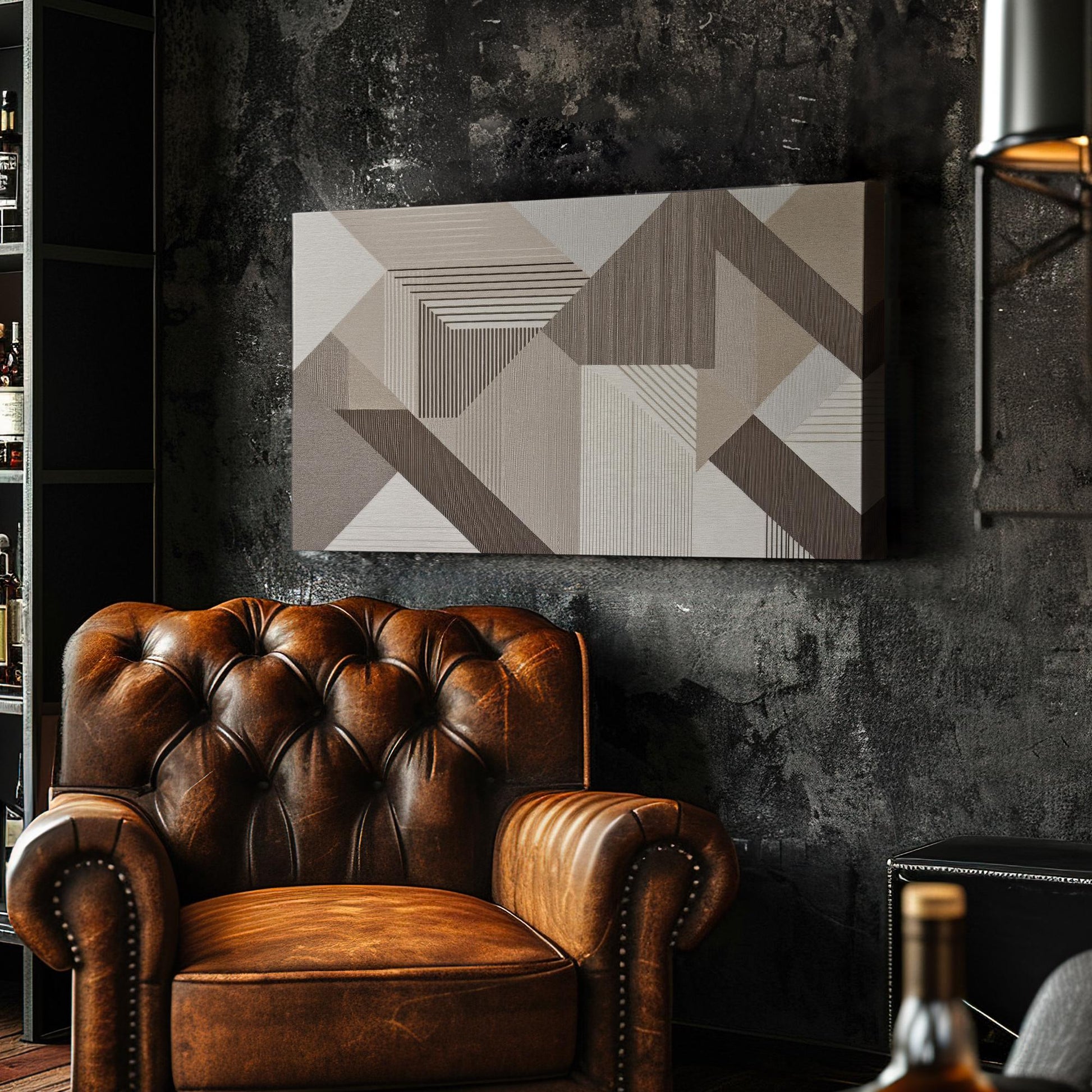 Abstract Geometric Canvas Art | Linear Stripe Print | Mid Century Modern Wall Art For Living Room | Taupe Oat Milk Art Horizontal Art