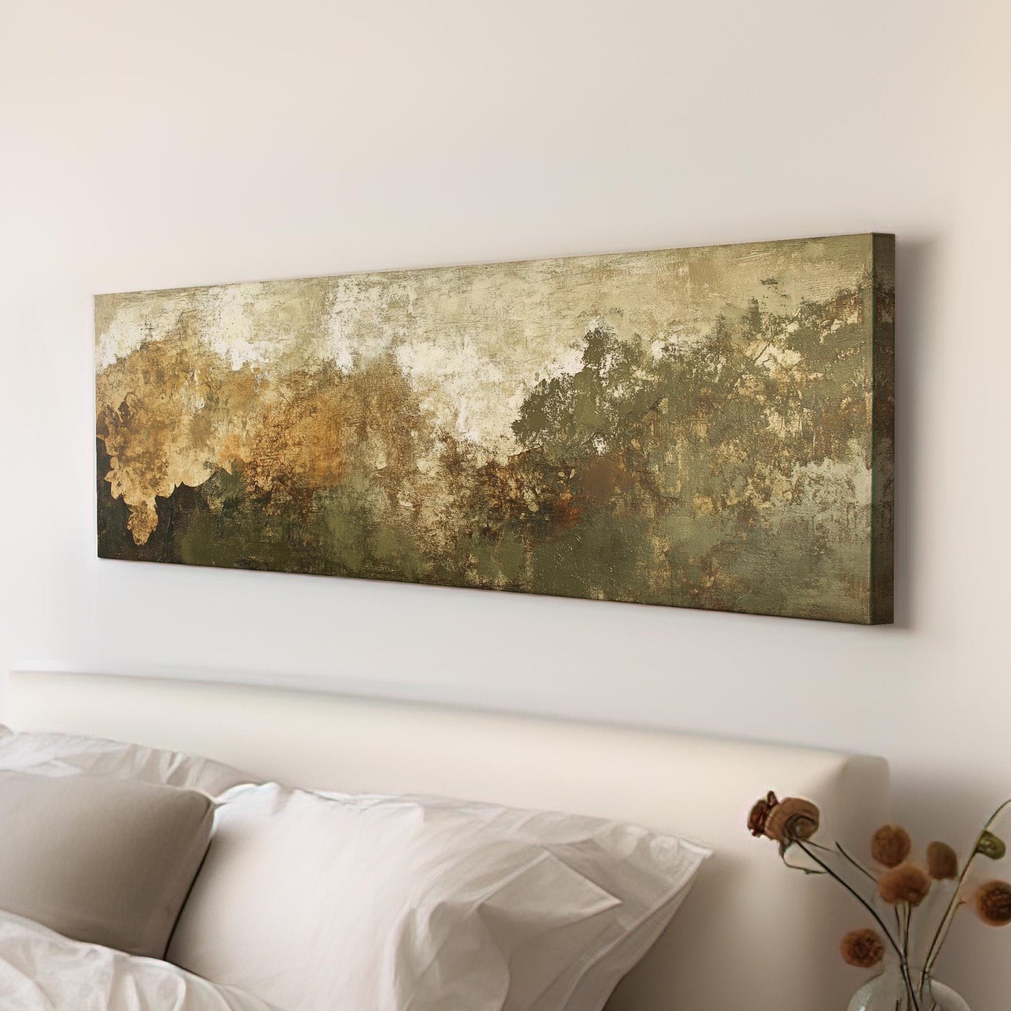 Abstract Forest Canopy Canvas Art | Impasto Texture Print | Biophilic Wall Art For Living Room | Earthy Ochre Sage Art Panoramic Wall Art