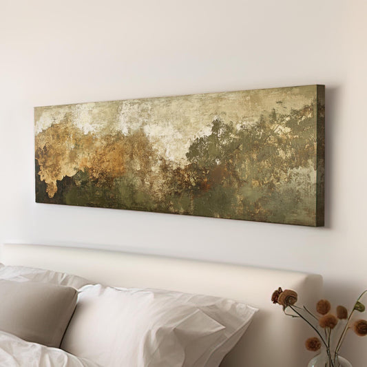 Abstract Forest Canopy Canvas Art | Impasto Texture Print | Biophilic Wall Art For Living Room | Earthy Ochre Sage Art Panoramic Wall Art